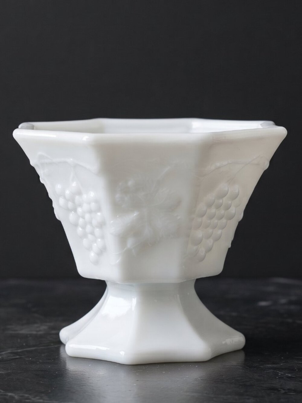 VTG Milk Glass Octagonal Pedestal Bowl Grape Vine Embossed White Compote Piece